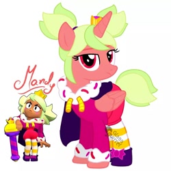 Size: 1080x1080 | Tagged: safe, artist:glass_squirrel, part of a set, alicorn, pony, g4, brawl stars, brawler, clothes, crossover, crown, dress, female, gown, jewelry, mandy, mandy (brawl stars), mare, pants, pigtails, ponified, princess, regalia, shoes, socks, solo, supercell, unamused