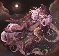 Size: 1347x1280 | Tagged: safe, artist:misty.mooon, oc, oc only, pegasus, pony, braid, cloud, ear piercing, earring, female, flying, jewelry, mare, moon, piercing, solo, unshorn fetlocks