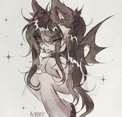 Size: 1329x1266 | Tagged: safe, artist:misty.mooon, oc, oc only, bat pony, pony, chest fluff, choker, ear piercing, earring, eye clipping through hair, eyebrows, eyebrows visible through hair, female, jewelry, mare, monochrome, piercing, solo, spiked choker