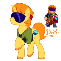 Size: 1080x1080 | Tagged: safe, artist:glass_squirrel, part of a set, pony, unicorn, brawl stars, brawler, buster, buster (brawl stars), clothes, crossover, film, glasses, horn, male, ponified, shirt, simple background, smiling, solo, stallion, supercell, t-shirt, unshorn fetlocks, vest, white background