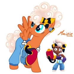 Size: 1080x1080 | Tagged: safe, artist:glass_squirrel, part of a set, pegasus, pony, g4, brawl stars, brawler, clothes, crossover, curly hair, curly mane, curly tail, eyelashes, female, gloves, maisie, maisie (brawl stars), mare, pants, ponified, prosthesis, short shirt, simple background, smiling, solo, supercell, tail, white background