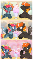 Size: 4686x8579 | Tagged: safe, artist:scarffist, derpibooru exclusive, oc, oc only, oc:ashton burnside, oc:crazy looncrest, pegasus, pony, base used, blue eyes, cafe, cocktail, colored wings, commission, commissioner:crazy looncrest, couple, cute, drink, drinking, duo, food, glass, green eyes, heart, ice cream, love, multicolored hair, multicolored tail, multicolored wings, red hair, red mane, ship:burncrest, shipping, short hair, short mane, shy, sitting, spread wings, straw, sweet, table, tail, wings