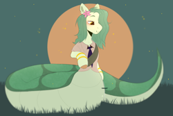 Size: 3900x2600 | Tagged: safe, artist:vincent, oc, oc only, oc:lamey, lamia, original species, snake, snake pony, bracelet, clothes, flower, flower in hair, gold bracelet, grass, jewelry, long mane, necktie, outdoors, smiling, snakepony, sunset