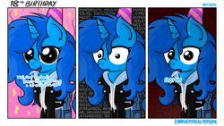 Size: 8192x4608 | Tagged: safe, artist:iamaveryrealperson, oc, oc only, oc:"d", pony, unicorn, abstract background, birthday, blue coat, blue mane, blue pony, brown eyes, closed mouth, clothes, colored, comic, confetti, damn, date (time), denim, dialogue, eyelashes, female, frown, gradient background, hat, hoodie, horn, jacket, jeans, leather, leather jacket, long hair, long mane, long tail, mare, open mouth, pants, party hat, pinpoint eyes, pocket, signature, smiling, solo, standing, tail, talking, text, trans female, transgender, transgender oc, unicorn horn, unicorn oc, watermark, zipper