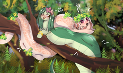 Size: 2061x1221 | Tagged: safe, artist:juiss, oc, oc only, oc:ichordrop, oc:lamey, lamia, original species, snake, snake pony, bracelet, duo, duo female, female, floral head wreath, flower, flower in hair, foliage, forest, forest background, forked tongue, garland, gold bracelet, happy, jewelry, lying down, mother and child, mother and daughter, multiple prey, nature, one eye closed, outdoors, smiling, snakepony, tongue out, tree, unknown prey, vine, vore, wink