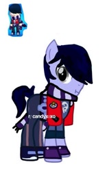 Size: 375x600 | Tagged: safe, artist:candyx0xo, earth pony, pony, g4, brawl stars, brawler, clothes, crossover, edgar (brawl stars), emo, fingerless gloves, gloves, male, pants, ponified, scarf, shirt, shoes, simple background, stallion, supercell, t-shirt, vest, white background