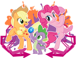 Size: 900x696 | Tagged: safe, artist:metadragonart, applejack, pinkie pie, spike, dragon, earth pony, pony, g4, 2012, applejack's hat, artifact, bipedal, cowboy hat, female, gem, hat, male, mare, outline, partially transparent background, trio, white outline, wingless spike