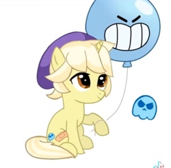 Size: 1453x1427 | Tagged: artist needed, source needed, safe, ghost, pony, undead, unicorn, balloon, brawl stars, brawler, cap, colt, crossover, cute, daaaaaaaaaaaw, foal, gus, gus (brawl stars), hat, horn, male, ocbetes, ponified, simple background, solo, supercell, white background