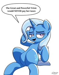 Size: 2000x2563 | Tagged: safe, artist:simpledoggo, trixie, pony, unicorn, g4, featureless crotch, female, horn, looking at you, mare, simple background, sitting, solo, speech bubble, tax evasion, this will end in jail time, white background