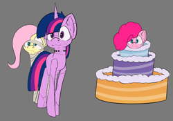 Size: 1028x719 | Tagged: safe, artist:cotarsis, fluttershy, pinkie pie, twilight sparkle, pegasus, pony, unicorn, mlp fim's fourteenth anniversary, g4, gray background, horn, looking at you, simple background, sketch, unicorn twilight, wip