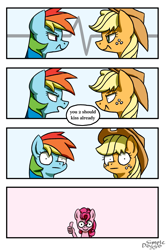 Size: 2000x3000 | Tagged: safe, artist:simpledoggo, applejack, pinkie pie, rainbow dash, earth pony, pegasus, pony, g4, 4 panel comic, angry, applejack's hat, comic, cowboy hat, female, freckles, hand, hat, lesbian, mare, ship:appledash, shipper on deck, shipping, simple background, speech bubble, suddenly hands, surprised, thumbs up, trio fe, white background