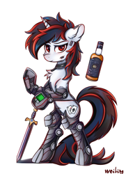 Size: 1481x2050 | Tagged: safe, artist:weiling, oc, oc only, oc:blackjack, pony, unicorn, fallout equestria, fallout equestria: project horizons, amputee, bipedal, chest fluff, collar, cute, cybernetic legs, ear fluff, fanfic art, female, female oc, horn, level 2 (project horizons), looking at you, mare oc, prosthetic leg, prosthetic limb, prosthetics, simple background, sword, unicorn oc, weapon, white background