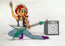 Size: 3500x2479 | Tagged: safe, artist:killerteddybear94, sunset shimmer, human, equestria girls, g4, amplifier, clothes, denim, electric guitar, female, guitar, human female, jacket, jeans, jewelry, musical instrument, necklace, pants, smiling, traditional art