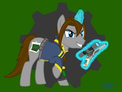 Size: 6096x4572 | Tagged: safe, artist:twiny dust, oc, oc:dust, pony, unicorn, fallout equestria, g4, clothes, cosplay, costume, fake cutie mark, gun, handgun, horn, implied littlepip, jumpsuit, levitation, little macintosh, magic, male, nightmare night, paper, pipbuck, ponytail, revolver, show accurate, smiling, smirk, stallion, tape, telekinesis, unicorn oc, vault suit, weapon