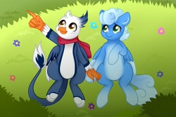 Size: 4096x2731 | Tagged: safe, artist:sweet cream, oc, oc only, oc:cerulean skies, oc:windchaser, griffon, pegasus, blue, bro, bush, chest fluff, clothes, cloud watching, feather, flower, grass, griffon oc, holding hands, holding hooves, hooves, love, lying down, outdoors, pegasus oc, pointing, relationship, scarf, talons