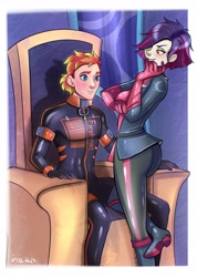 Size: 2355x3300 | Tagged: safe, artist:iraabella, oc, oc only, oc:cipher shadow(fireverse), oc:fireheart(fire), human, equestria girls, g4, alternate universe, breasts, clothes, duo, duo male and female, female, fireheart76's latex suit design, gloves, humanized, humanized oc, indoors, latex, latex boots, latex gloves, latex suit, male, prisoners of the moon, reference sheet, rubber, rubber gloves, rubber suit