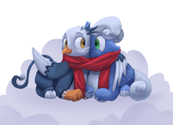 Size: 2696x1953 | Tagged: safe, artist:v-nico, oc, oc only, oc:cerulean skies, oc:windchaser, griffon, pegasus, chest fluff, clothes, cloud, duo, fluffy mane, friendship, green eyes, griffon oc, hooves, love, lying down, on a cloud, pegasus oc, relationship, scarf, shared clothing, shared scarf, talons, yellow eyes