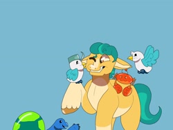 Size: 2048x1536 | Tagged: safe, artist:rinnapaws, curtle turtle, hitch trailblazer, kenneth, mcsnips-a-lot, earth pony, pony, g5, blue background, critter magnet, critters, male, simple background, solo focus, stallion, unitober 2024