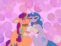 Size: 2048x1536 | Tagged: safe, artist:rinnapaws, izzy moonbow, sunny starscout, earth pony, pony, unicorn, g5, abstract background, blushing, cheek to cheek, duo, duo female, eyes closed, female, horn, hug, lesbian, mane stripe sunny, mare, nuzzling, pale belly, ship:moonscout, shipping, thighs, thunder thighs, unitober 2024