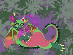 Size: 2048x1536 | Tagged: safe, alternate version, artist:rinnapaws, dapple, leaf (g5), dragon, pony, unicorn, g5, abstract background, crack shipping, drugs, duo, duo male, gay, horn, male, marijuana, ship:dappleleaf, shipping, size difference, stallion, unitober 2024