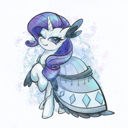 Size: 2048x2048 | Tagged: safe, artist:poniu, rarity, pony, unicorn, g4, abstract background, clothes, dress, female, full body, horn, looking at you, mare, one eye closed, smiling, solo, wink