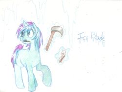 Size: 600x454 | Tagged: safe, artist:prismspark, oc, oc only, oc:ice blade, pony, unicorn, colored pencil drawing, explorer, eye clipping through hair, glowing, glowing horn, horn, ice, looking away, magic, mouth hold, notebook, old art, open mouth, pencil, raised hoof, simple background, telekinesis, traditional art, unicorn oc, white background