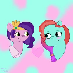 Size: 1280x1280 | Tagged: safe, artist:dawnie, jazz hooves, pipp petals, earth pony, pegasus, pony, g5, my little pony: tell your tale, abstract background, blushing, duo, duo female, female, heart, lesbian, looking at each other, looking at someone, mare, ship:jazzpipp, shipping, unitober 2024