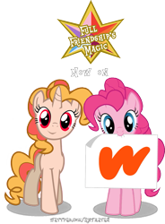 Size: 959x1300 | Tagged: safe, artist:hikarisah, pinkie pie, oc, oc:pizza pie, earth pony, pony, unicorn, fanfic:full friendship's magic, g4, fimfiction, horn, mouth hold, pizza pie, png, simple background, transparent background, vector, wattpad