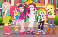 Size: 2544x1619 | Tagged: safe, artist:byefella, applejack, fluttershy, pinkie pie, rainbow dash, rarity, sci-twi, twilight sparkle, human, equestria girls, g4, arm behind back, arm behind head, boots, canterlot high, clothes, converse, cowboy boots, crossed arms, denim, dress, female, glasses, height difference, high res, humane five, humane six, jacket, jeans, jewelry, leg warmers, lips, lipstick, looking at you, open mouth, open smile, pants, pink lipstick, ponytail, ring, round glasses, sandals, shoes, skirt, smiling, smiling at you, smoldash, sneakers, socks, standing, standing on one leg, striped leg warmers, sweater, sweatpants, tallershy