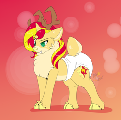 Size: 1933x1906 | Tagged: safe, artist:maynara, sunset shimmer, deer, deer pony, hybrid, original species, g4, chest fluff, cloven hooves, deerified, diaper, diaper fetish, diapered, female, fetish, gradient background, non-baby in diaper, pale belly, poofy diaper, solo, species swap, tail, tail hole, unshorn fetlocks