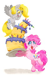 Size: 791x1233 | Tagged: safe, artist:lost marbles, derpy hooves, pinkie pie, earth pony, pegasus, pony, g4, :o, anniversary, cake, candle, colored hooves, duo, duo female, female, flying, food, hooves, hooves on cheeks, mare, open mouth, simple background, traditional art, unshorn fetlocks, white background