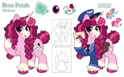 Size: 4000x2500 | Tagged: safe, artist:pink-pone, cup cake, pinkie pie, oc, oc only, oc:rose petals, earth pony, pony, unicorn, g4, horn, magical lesbian spawn, mailmare, offspring, parent:cup cake, parent:pinkie pie, parents:cakepie, plump, reference sheet, simple background, solo, transparent background, unicorn oc