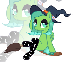 Size: 1493x1270 | Tagged: safe, alternate version, artist:shallarts, oc, oc only, oc:toxic rat, pegasus, pony, mlp fim's fourteenth anniversary, broom, clothes, commission, eyeshadow, female, goth, hat, makeup, mare, nightmare night, socks, solo, stockings, thigh highs, witch, witch hat, ych result, zoom layer