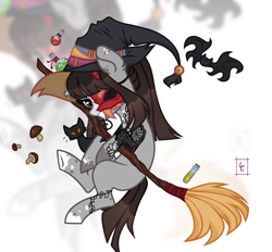 Size: 1580x1464 | Tagged: safe, artist:shallarts, oc, oc only, oc:ohasu, bat, cat, earth pony, pony, mlp fim's fourteenth anniversary, black cat, broom, commission, eyepatch, female, grin, hat, mare, markings, mask, mushrooms, nightmare night, smiling, solo, tattoo, witch, witch hat, ych result, zoom layer