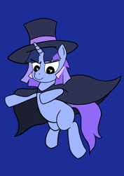 Size: 4961x7016 | Tagged: safe, artist:essentialsingularity, oc, oc only, oc:flawless sparklemoon, pony, unicorn, my little pony the movie: the death of twilight sparkle, cloak, clothes, female, fusion, fusion:trixie, fusion:twilight sparkle, fusion:twixie, hat, horn, mare, simple background, solo, top hat