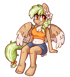 Size: 800x888 | Tagged: safe, artist:lastunicorn666, oc, oc only, oc:sylvia evergreen, pegasus, anthro, unguligrade anthro, braid, braided pigtails, breasts, cleavage, clothes, colored wings, female, flower, flower in hair, midriff, pigtails, shirt, simple background, solo, transparent background, two toned wings, wings