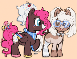 Size: 2000x1541 | Tagged: safe, artist:lastunicorn666, oc, oc only, oc:cake pop, oc:milk n cookies, pegasus, pony, beige background, clothes, colored hooves, colored wings, duo, female, glasses, hooves, mare, multicolored hooves, multicolored wings, simple background, socks, striped socks, wings