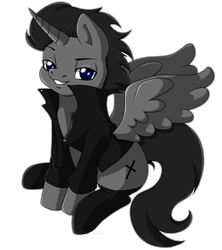 Size: 1276x1434 | Tagged: safe, oc, oc only, oc:black cross, alicorn, pony, boots, clothes, crucifix, grin, jacket, male, shoes, signature, simple background, sitting, smiling, solo, stallion, transparent background, wings