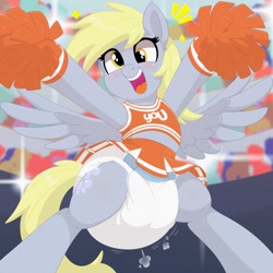 Size: 1200x1200 | Tagged: safe, artist:nineplusten, derpy hooves, pegasus, pony, g4, air pushed out of diaper, bipedal, camera flashes, cheerleader, cheerleader outfit, clothes, diaper, diaper fetish, diapered, female, fetish, hooves up, low angle, mare, non-baby in diaper, open mouth, open smile, pom pom, poofy diaper, skirt, smiling, spread wings, stadium, upskirt, wings, yellow mane