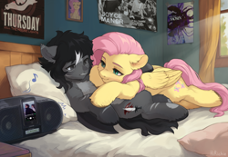 Size: 3462x2400 | Tagged: safe, artist:hirichie, fluttershy, oc, oc:orias moonshadow, bat pony, pegasus, pony, g4, bat pony oc, bed, boombox, canon x oc, commission, cuddling, high res, indoors, ipod, listening to music, looking at each other, looking at someone, lying down, lying on bed, music, music notes, on bed, poster, romance, romantic, shipping, sony