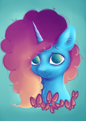 Size: 4000x5656 | Tagged: safe, artist:coco-drillo, misty brightdawn, butterfly, pony, unicorn, g5, chest fluff, ear fluff, horn, looking at you, messy mane, rebirth misty, solo