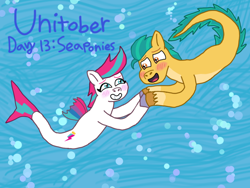 Size: 1080x810 | Tagged: safe, artist:shucku, idw, hitch trailblazer, zipp storm, earth pony, pegasus, seapony (g4), g5, abstract background, blushing, bubble, dorsal fin, duo, duo male and female, female, fin, fin wings, fins, fish tail, flowing mane, flowing tail, holding hooves, looking at each other, looking at someone, male, ocean, open mouth, open smile, sea pony (g5), seaponified, seapony hitch trailblazer, seapony zipp storm, ship:stormblazer, shipping, smiling, smiling at each other, species swap, straight, swimming, tail, underwater, unitober 2024, water, wings