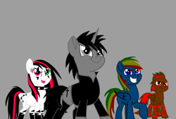 Size: 2000x1350 | Tagged: safe, artist:ruchiyoto, oc, oc only, oc:black cross, oc:emala jiss, oc:rainbow storm, oc:tootsie4ever, pegasus, pony, unicorn, zebra, base used, clothes, collar, female, horn, male, mare, smiling, spiked collar, stallion