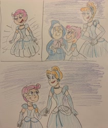 Size: 3024x3591 | Tagged: safe, artist:13mcjunkinm, scootaloo, human, equestria girls, g4, adopted, adopted daughter, adopted offspring, amazed, choker, cinderella, clothes, comic, crossover, cute, cutealoo, dialogue in the description, dress, evening gloves, fairy godmother, female, gloves, gown, hair bun, hairband, hands together, holding hands, lipstick, long gloves, looking at each other, looking at someone, mother and child, mother and daughter, open mouth, open smile, poofy shoulders, princess scootaloo, scootadoption, scootaloo also dresses in style, scootalove, smiling, smiling at each other, traditional art, transforming clothes, trio