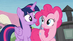 Size: 1920x1080 | Tagged: safe, screencap, pinkie pie, twilight sparkle, alicorn, earth pony, pony, g4, my little pony: friendship is magic, trade ya!, duo, duo female, female, outdoors, twilight sparkle (alicorn)