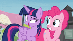 Size: 1920x1080 | Tagged: safe, screencap, pinkie pie, twilight sparkle, alicorn, earth pony, pony, g4, my little pony: friendship is magic, season 4, trade ya!, duo, duo female, eyebrows, female, outdoors, raised eyebrow, twilight sparkle (alicorn)