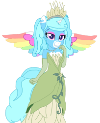 Size: 1280x1569 | Tagged: safe, artist:mlp-headstrong, oc, oc only, oc:jemimasparkle, alicorn, pony, anthro, base used, clothes, colored wings, cute, dress, evening gloves, eyeshadow, female, gloves, gown, grin, jewelry, lidded eyes, long gloves, makeup, multicolored wings, necklace, ocbetes, rainbow wings, simple background, smiling, solo, the princess and the frog, tiana, tiara, transparent background, wings