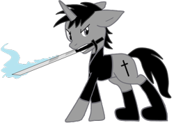 Size: 558x395 | Tagged: safe, artist:ruchiyoto, oc, oc only, oc:black cross, pony, unicorn, base used, clothes, horn, male, simple background, solo, stallion, sword, sword in mouth, transparent background, weapon