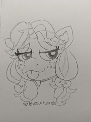 Size: 3072x4080 | Tagged: safe, artist:biscuit, oc, oc only, oc:crafty circles, unicorn, :p, bow, bust, cute, female, filly, foal, freckles, hair bow, horn, lidded eyes, looking at you, pencil drawing, solo, tongue out, traditional art