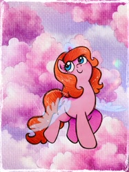 Size: 2248x3000 | Tagged: safe, artist:dariarchangel, oc, oc only, oc:dazha, pony, unicorn, g4, adorable face, artificial wings, augmented, blue eyes, blushing, c:, cloud, cute, cute face, cute smile, female, female oc, flying, glowing, glowing horn, hairband, horn, in the clouds, in the sky, looking up, magic, magic aura, magic wings, mare, ocbetes, orange hair, orange mane, orange tail, pink cloud, pink coat, pony oc, redhead, sky, small horn, smiling, smol, solo, sparkles, sweet dreams fuel, tail, too cute, traditional art, transparent wings, unicorn oc, wavy hair, wavy mane, wavy tail, weapons-grade cute, wings